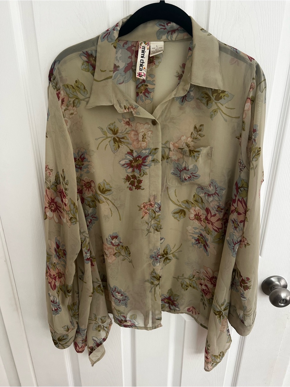 Mimi Chica Sage Green Floral Sheer Button-Up Blouse
